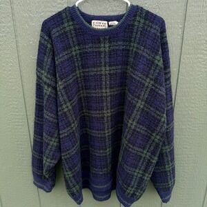 Cotton Traders Vtg Sweater Mens 3X Navy Green Tartan Plaid Wool Blend Boucle
